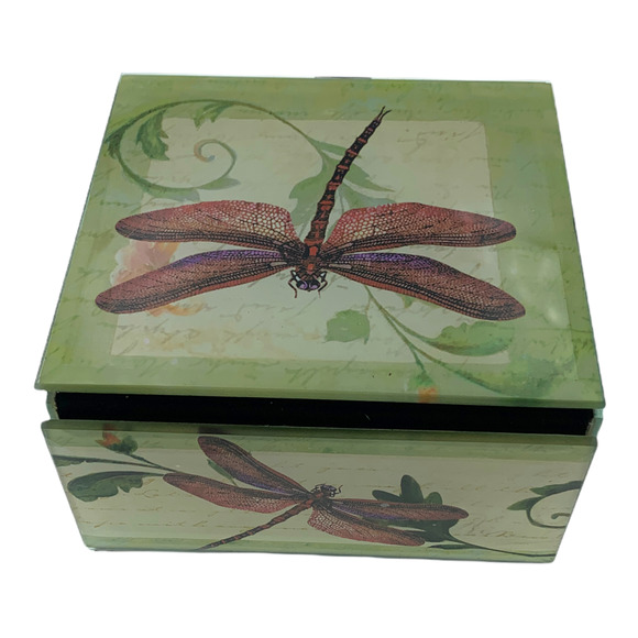 Red Dragonfly Keepsake Box French Inspired Beveled Glass Velvet Lined 4"Square - Picture 6 of 7